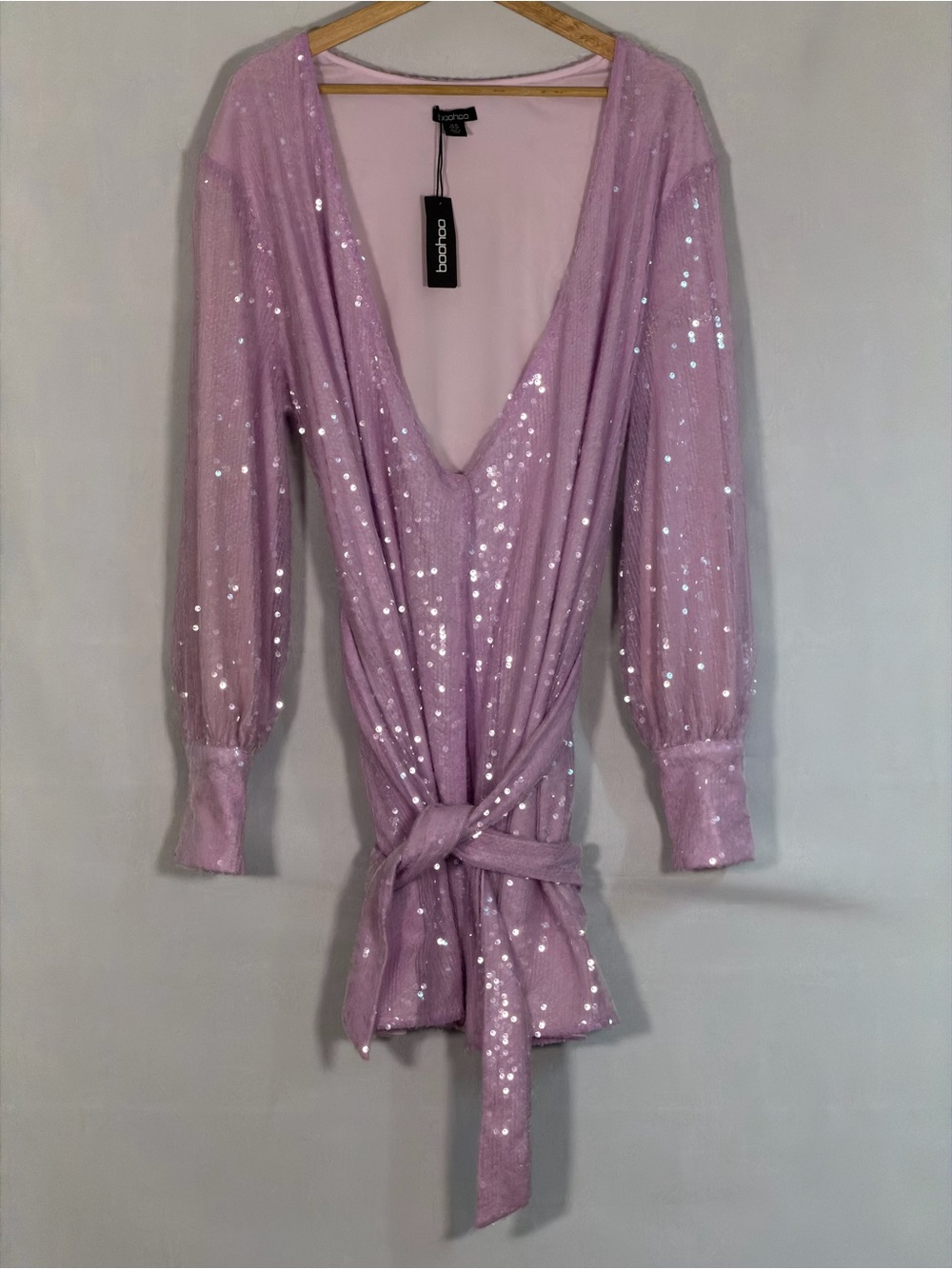 Boohoo Plus NWT Lilac Sequin Wrap Dress Long Sleeve Tie Waist US 12 UK 16
